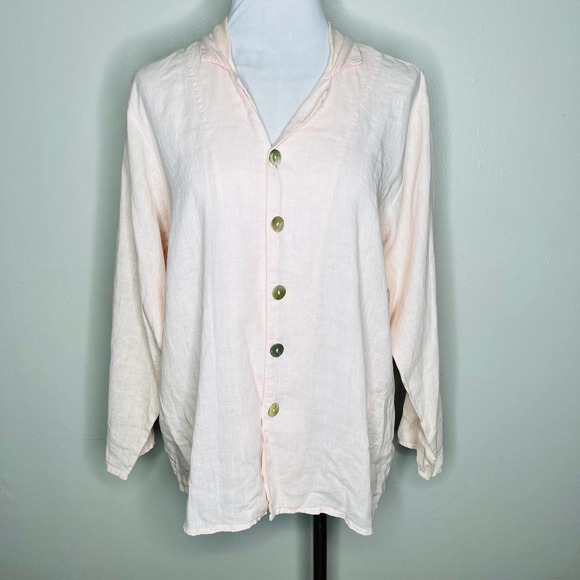 FLAX by Jeanne Engelhart Button Down Shirt 100% Linen SMALL Light Pink Oversized - Picture 2 of 8